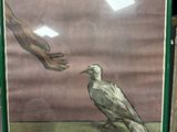 painting of a bird on a table with a hand reaching for a bird