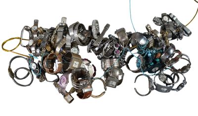 many different types of bracelets on a white background