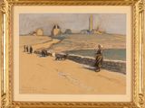 an image of a painting of a man walking on a beach