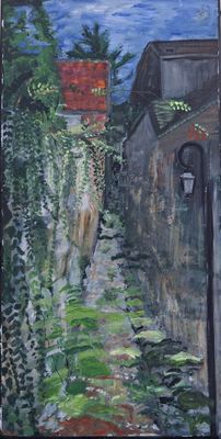 painting of a horse walking down a path between two buildings