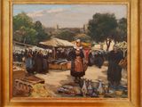 an oil painting of a market scene with a woman selling goods