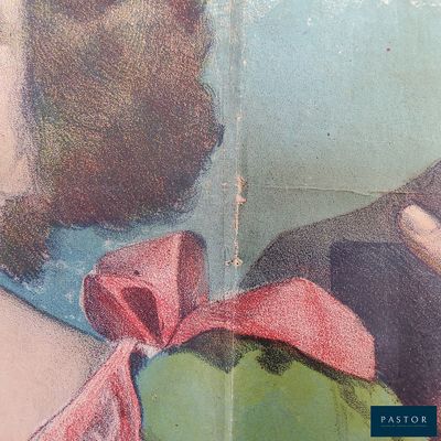 un tableau représentant une femme avec un nœud rouge autour du cou
