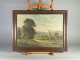 an oil painting of a landscape with a windmill in the distance
