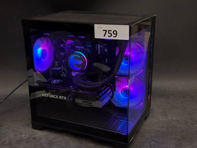 a black computer case with purple and blue lights