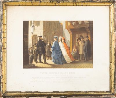 un vieux tableau représentant un homme et une femme debout devant une foule de gens