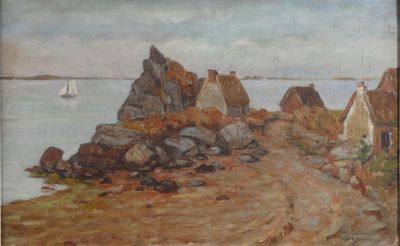 tableau représentant un petit village au bord de l'eau, avec un voilier au loin