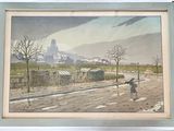 painting of a man walking down a dirt road in a rural area