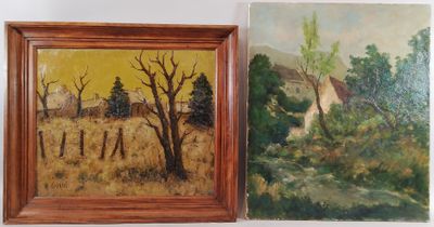 deux tableaux représentant une maison et un arbre dans un champ