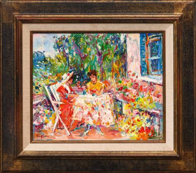 un tableau représentant une femme assise sur une chaise dans un jardin