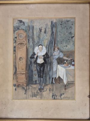 tableau représentant un homme et une femme debout devant une horloge de parquet