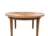 a round wooden table with two legs and a wooden top