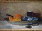 a painting of a bowl of oranges and a spoon on a table