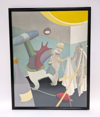 painting of a bathroom scene with a toilet, sink, and bathtub