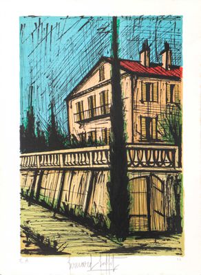 une image représentant un dessin d'une maison sur un pont