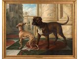 painting of two dogs standing on a rug in front of a building