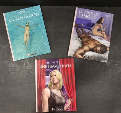 three books on a table with a woman laying on a bed and a man laying on a bed