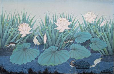 une peinture représentant une tortue et des fleurs dans l'eau