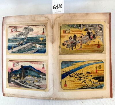an open book with four pictures of people and animals on it