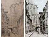 croquis d'une rue avec, en arrière-plan, des bâtiments et une tour horloge