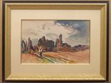 une image représentant une aquarelle représentant un paysage, dans un cadre doré