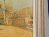 a painting on the wall of a building with a clock on it