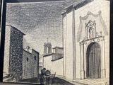 drawing of a street scene with a person sitting on a bench in front of a church