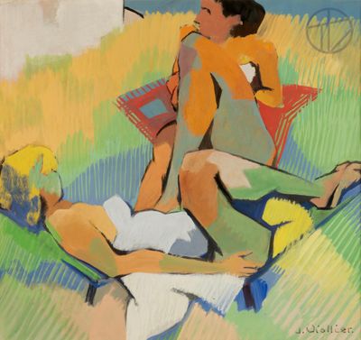 an image of a painting of a woman and a man sitting on a blanket