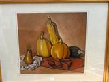 une photo d'une peinture représentant une nature morte composée de courges et de calebasses