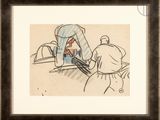 drawing of a man with a knife cutting a woman ' s hair
