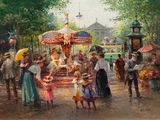 un tableau représentant des personnes rassemblées autour d'un manège dans un parc