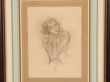 a drawing of a woman sitting in a chair with her hand on her chin