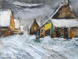 painting of a person walking down a snow covered street in a village