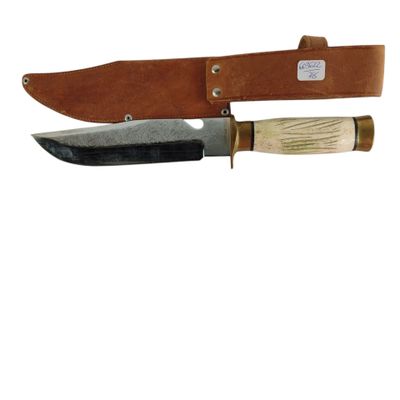 a picture of a knife with a leather sheath on it
