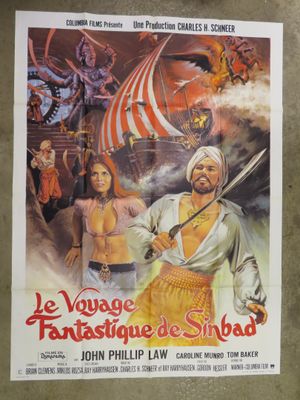 a poster for the film voyage fantastice de sinad with a man holding a sword