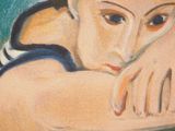 painting of a woman leaning on her arm in a blue and white striped shirt