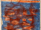 une peinture abstraite représentant un tableau rouge et bleu sur un mur blanc