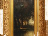 an oil painting of a wooded landscape with trees in the foreground