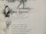 an old book with a drawing of a man holding a cane