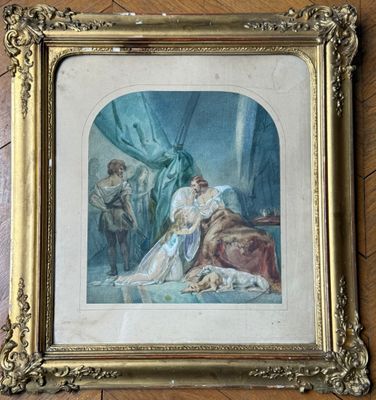 une vieille photo représentant une peinture d'une femme assise sur un lit