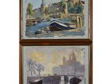 two paintings of boats on a river with buildings in the background