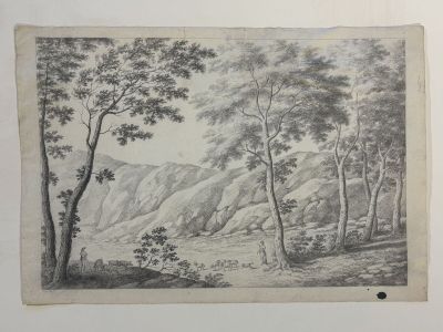 a black and white drawing of a mountain scene with trees in the foreground