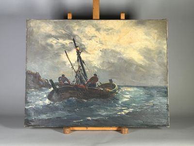 une peinture à l'huile représentant un bateau au milieu d'un plan d'eau