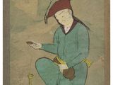 an oriental painting of a woman sitting on the ground next to a pot