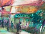a painting of people walking down the street in front of a cafe