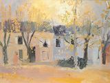 peinture représentant une maison avec des arbres devant