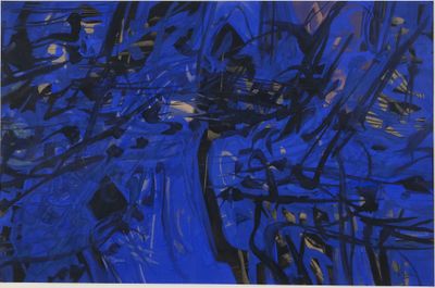 blue and black abstract painting on a white background