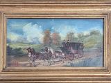 tableau représentant deux chevaux tirant une calèche sur un chemin de terre