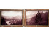 two black and white pictures of a river and trees in a wooden frame