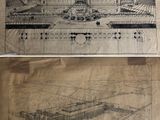 deux images représentant un dessin d'un grand bâtiment sur lequel figure une horloge