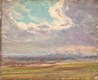 an oil painting of a field with a cloudy sky in the background